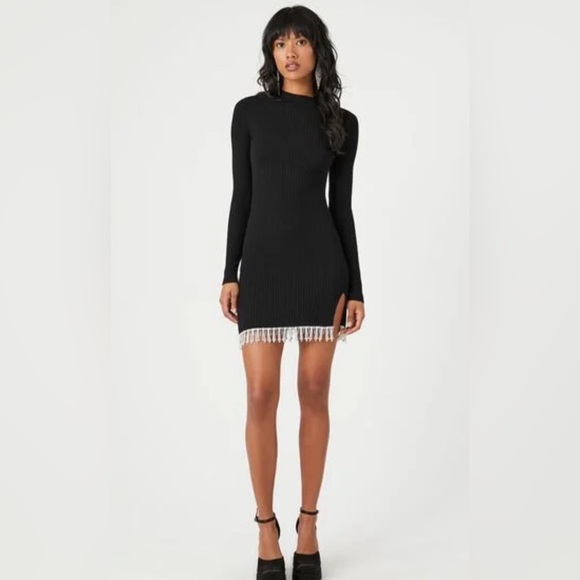 Dresses & Skirts - Ribbed Sweater dress rhinestone fringe trim hem nwot